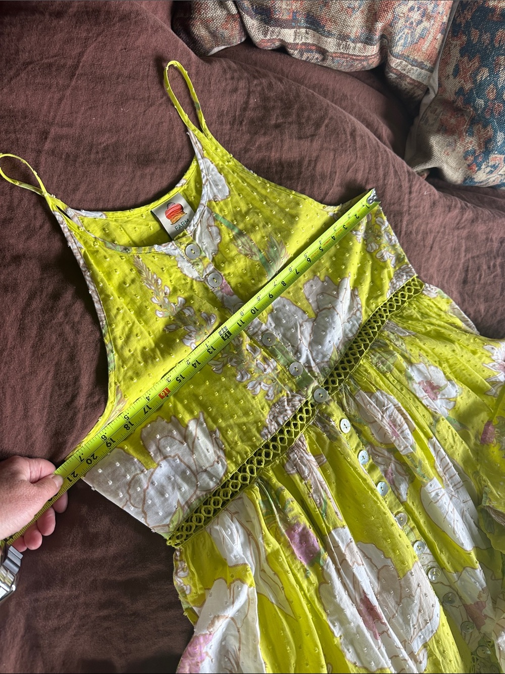 FARM Rio Neon Garden Floral Midi Summer Swiss Dot Halter Dress in neon yellow - Picture 15 of 16